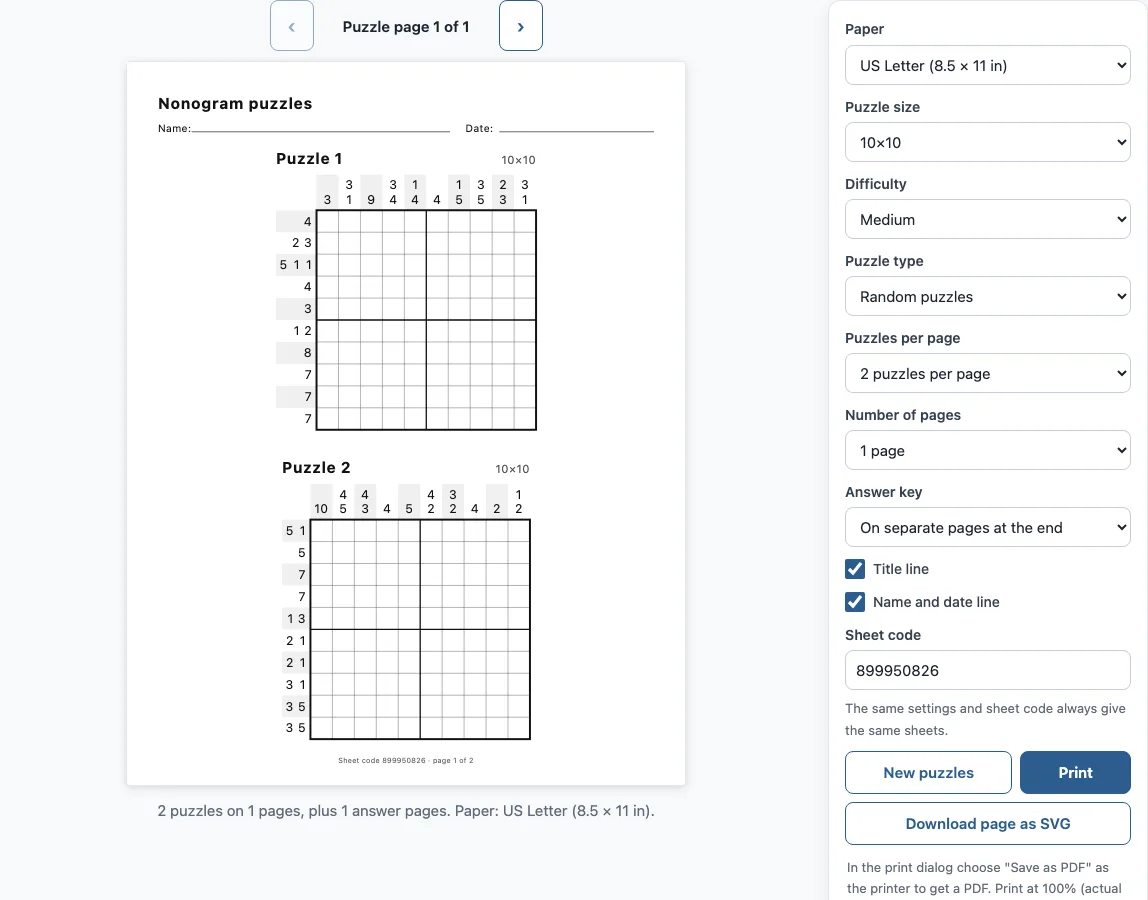 Nonograms printable example